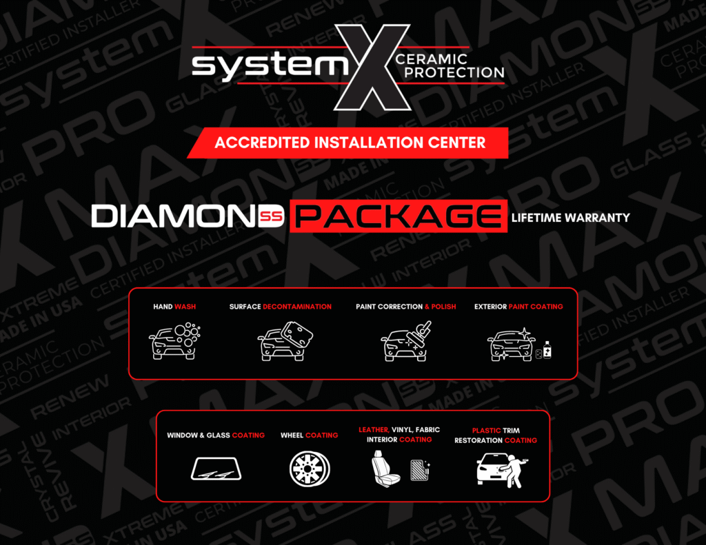 Ceramic Coatings 14 System X diamond SS ceramic coating package for luxury automotive paint protection at CDA auto styling in Riverside CA