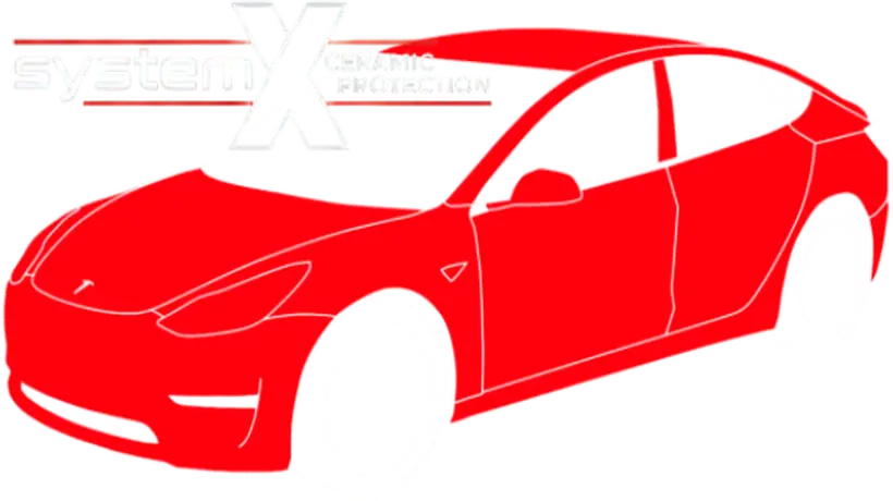 Diagram of a red vehicle with all exterior panels highlighted to show full body paint protection film PPF coverage