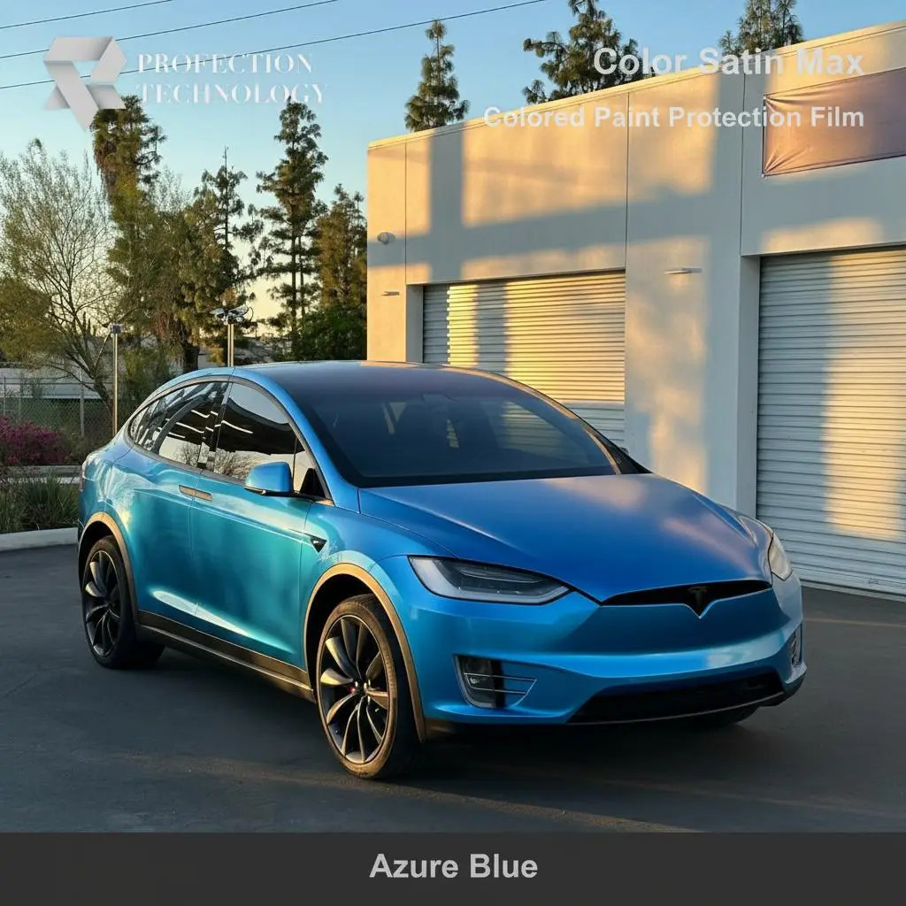 Tesla model x wrapped in Azure Blue Profection Technology PPF at CDA Autostyling in Riverside